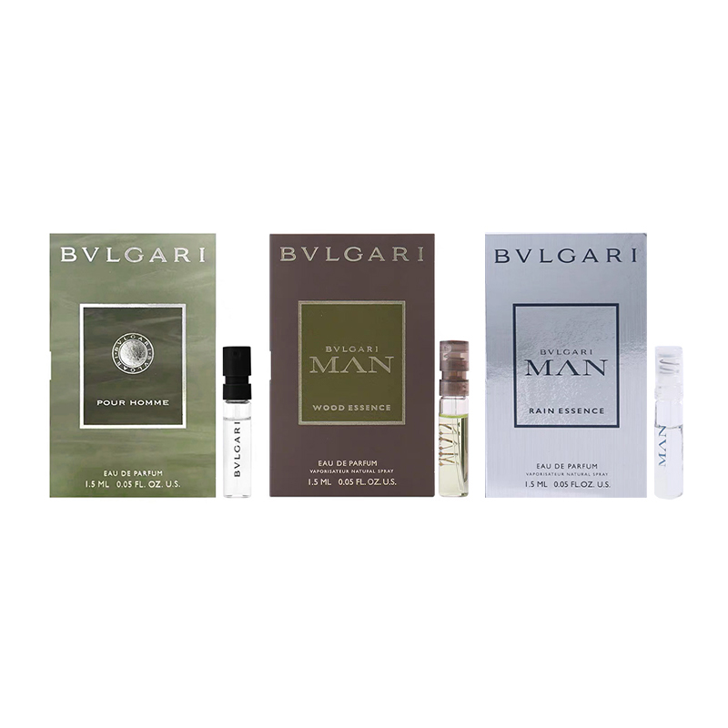 Мужской набор ароматов Bvlgari: Pour Homme, Man Wood Essence и Man Rain Essence, 1,5 мл х 3 — фото 2