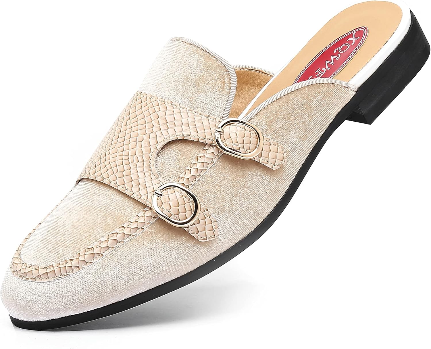 

Мужские слипоны-мюли XQWFH с золоченой пряжкой, модные кожаные формальные и повседневные беззадние тапочки, бежевый