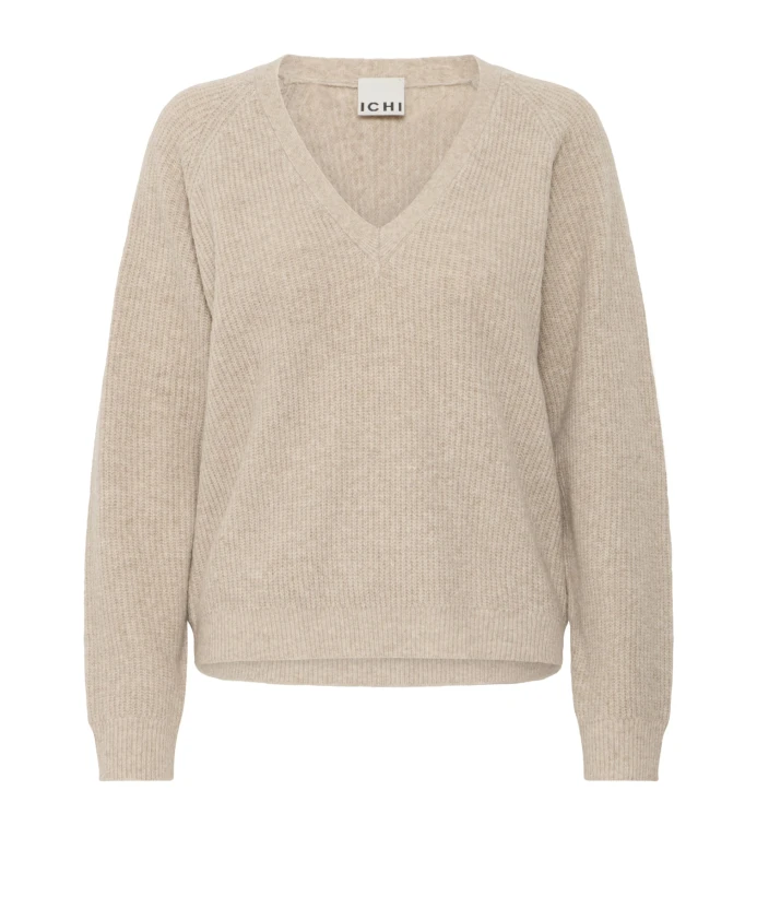 

Уютный вязаный свитер меланжевого цвета овсяного оттенка Ichi, бежевый