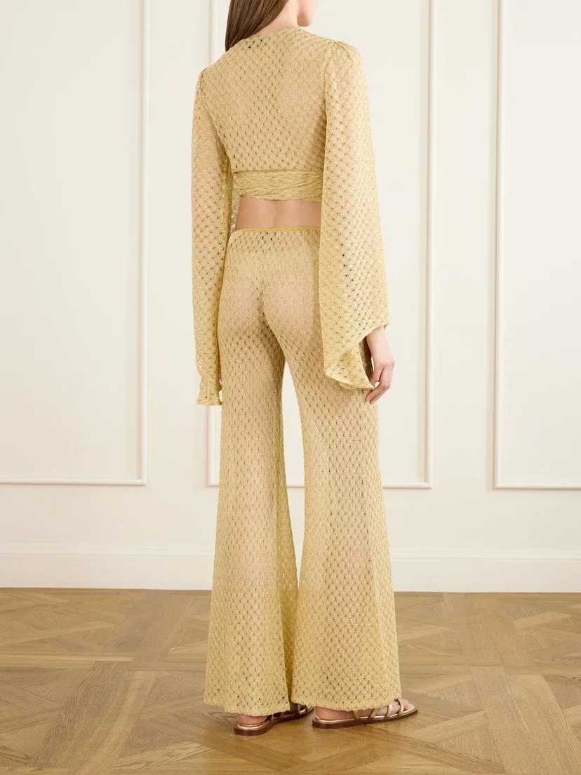 Металлические брюки-клеш из вязаного полотна крючком Missoni, золотой — фото 3