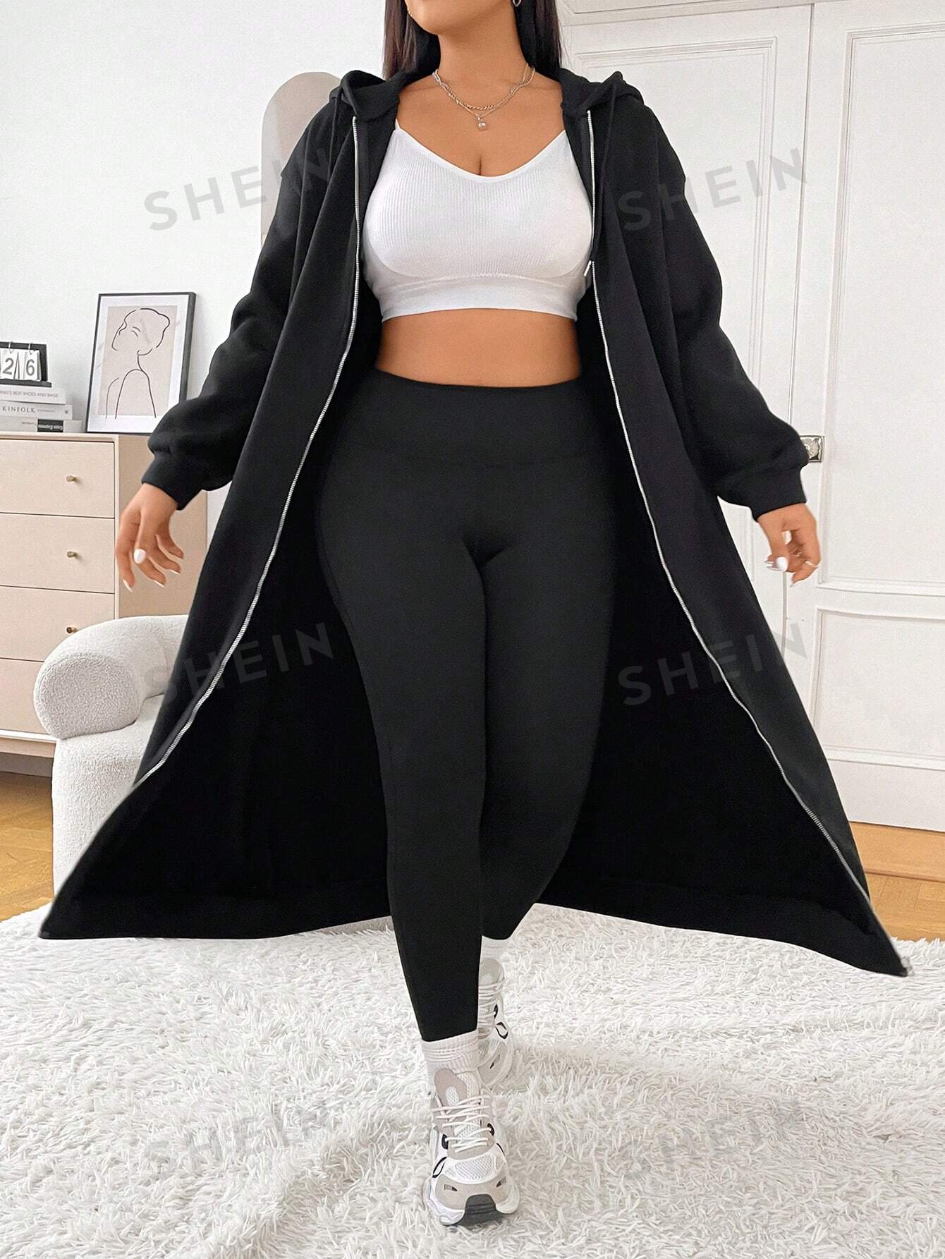 

EZwear Plus Size Черная длинная куртка-толстовка с капюшоном Shein, черный