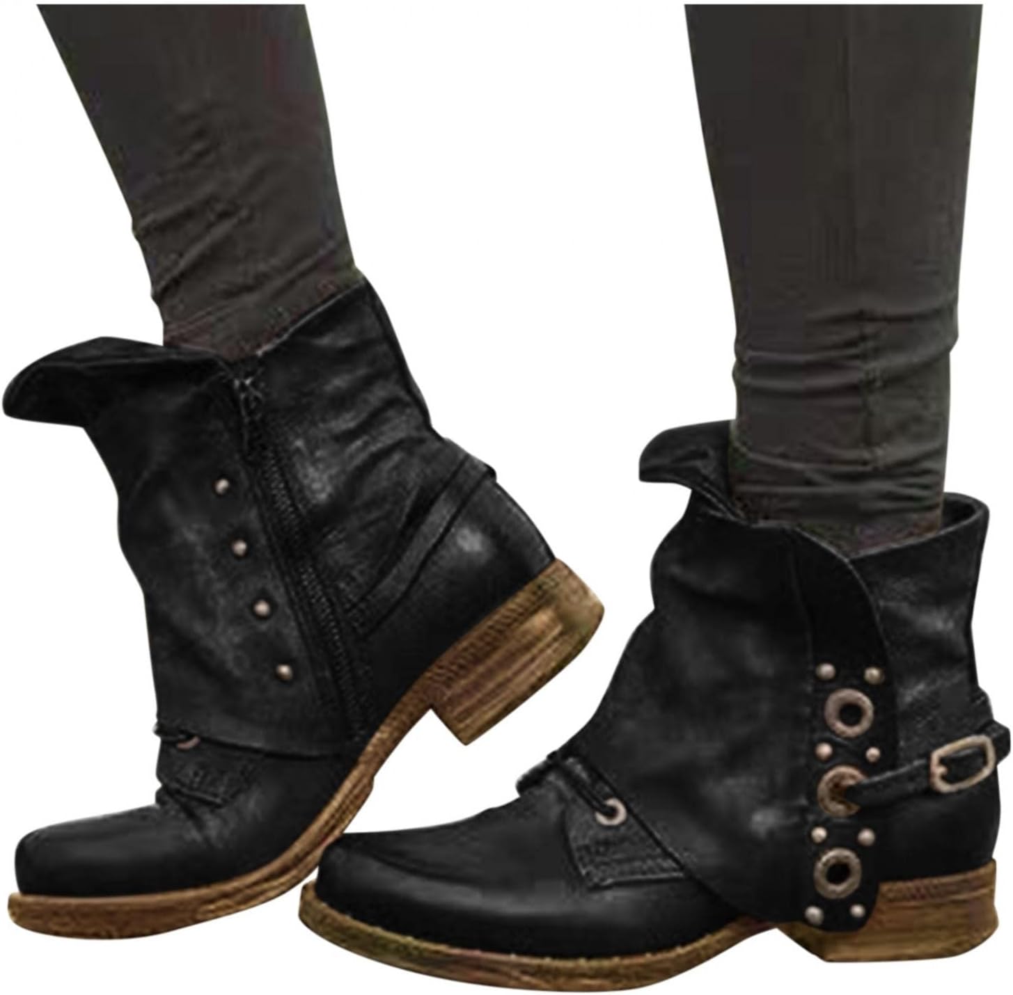 

Женские винтажные бохо-башмаки Hbeylia, кожаные, с заклепками, на шнуровке, с металлической пряжкой, черный