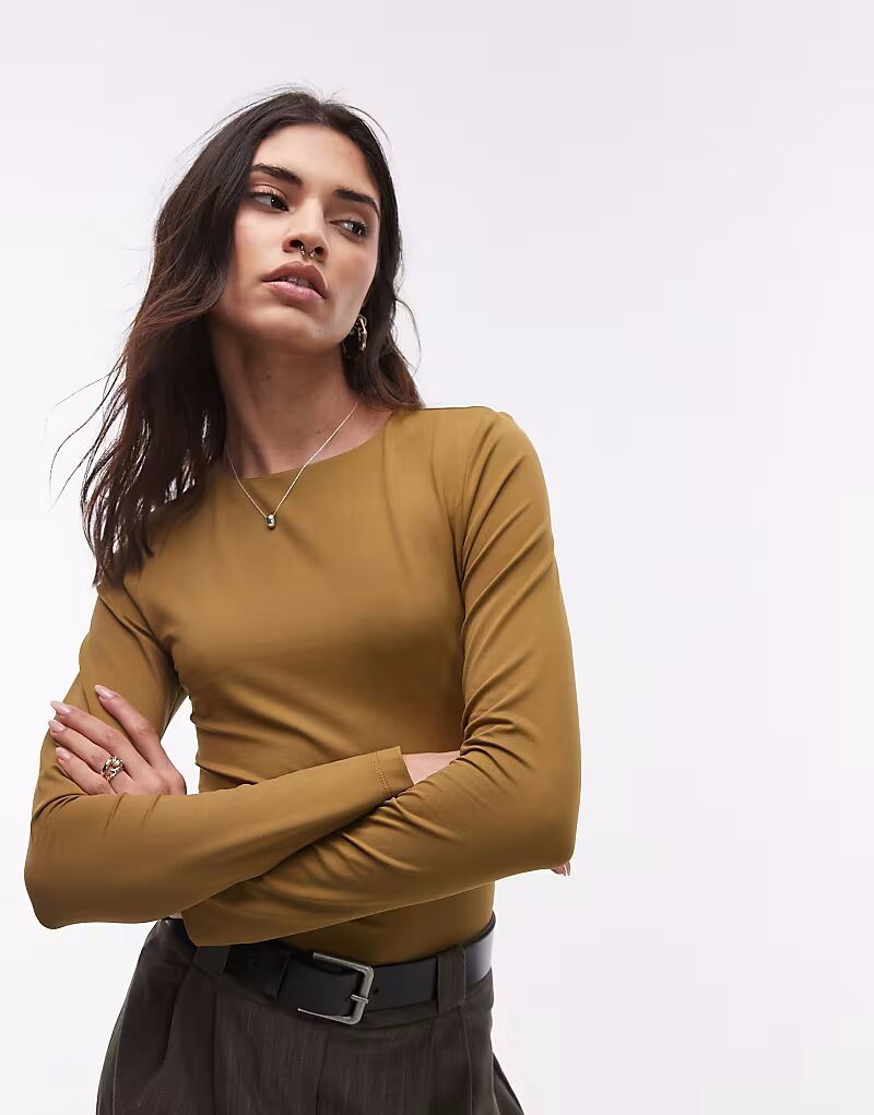 

Облегающий топ с длинными рукавами Topshop оливкового цвета
