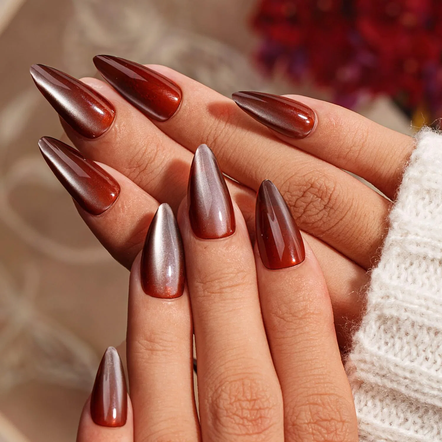 Накладные ногти KQueenest Soft Gel Cat Eye с клеем, коричневые Kqueenest, Glittery Brown
