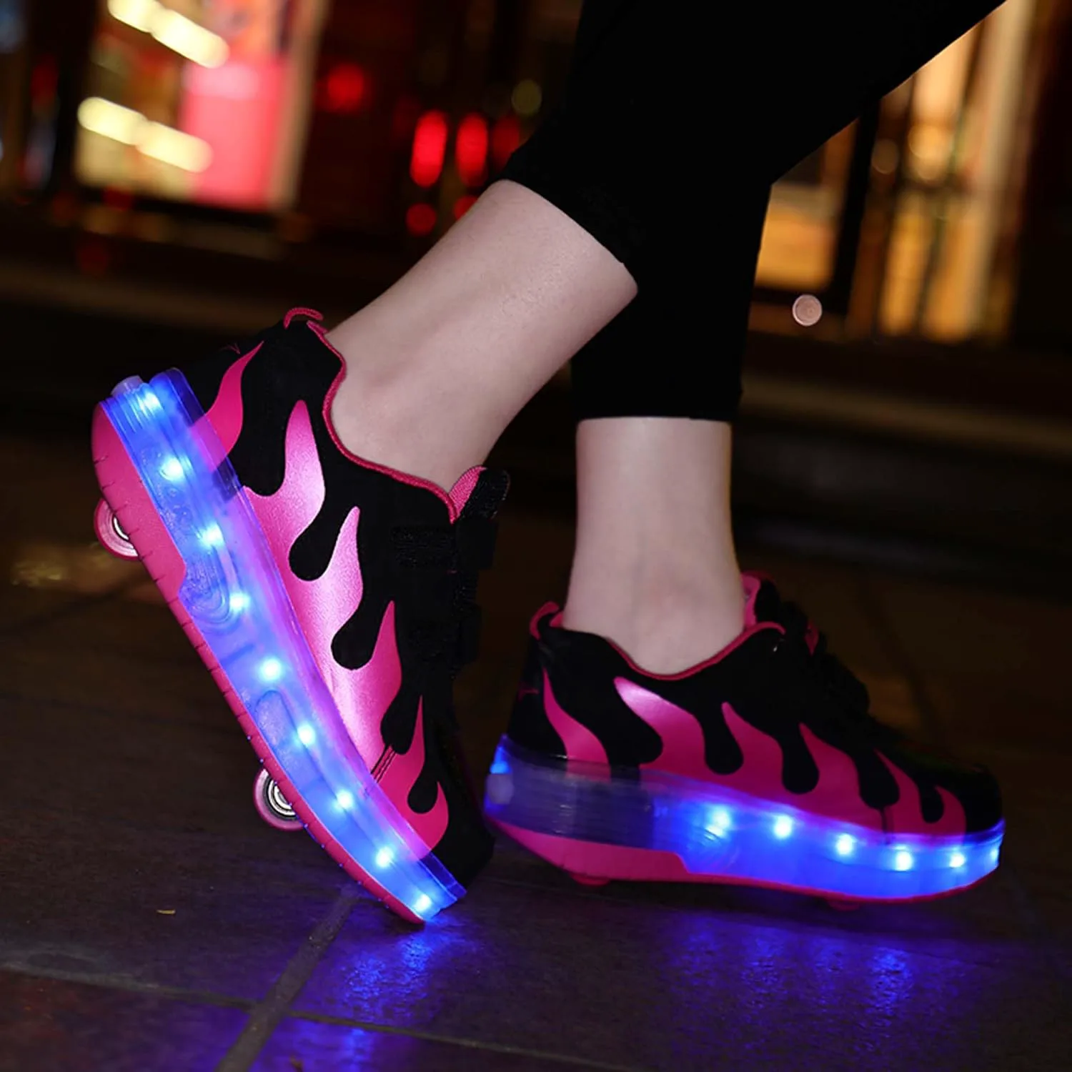 

Детские роликовые кроссовки с двойными колесами, перезаряжаемые светящиеся кроссовки для повседневной ходьбы MekUk, черный