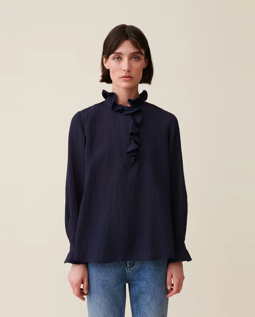 

Темно-синяя женская блузка в полоску с рюшами Claudie Pierlot, темно-синий