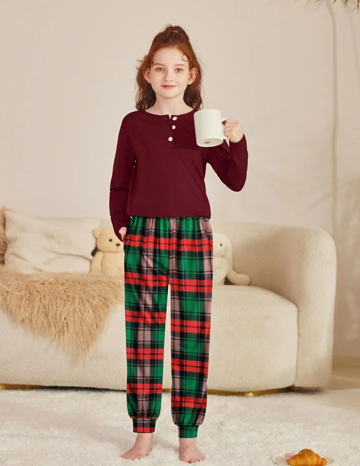 Детский спортивный костюм из топа и штанов с карманами Arshiner, Red & Green Plaid — фото 2