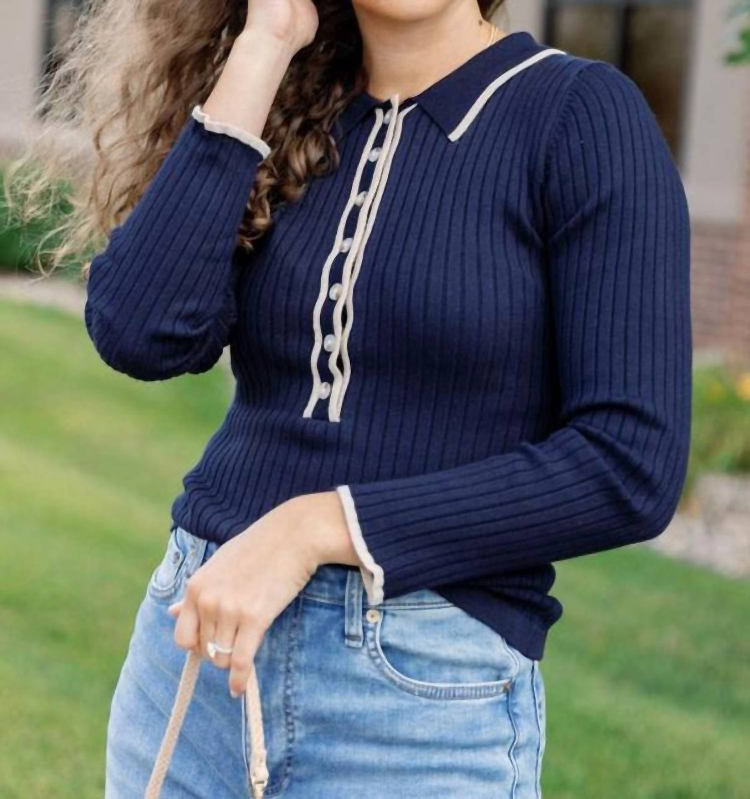 

Футболка с длинным рукавом и рубчиками Stay In The Moment в цвете navy Entro