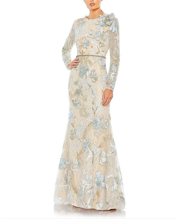 

Mac Duggal Кружевное платье-раструб с цветочной вышивкой, синий
