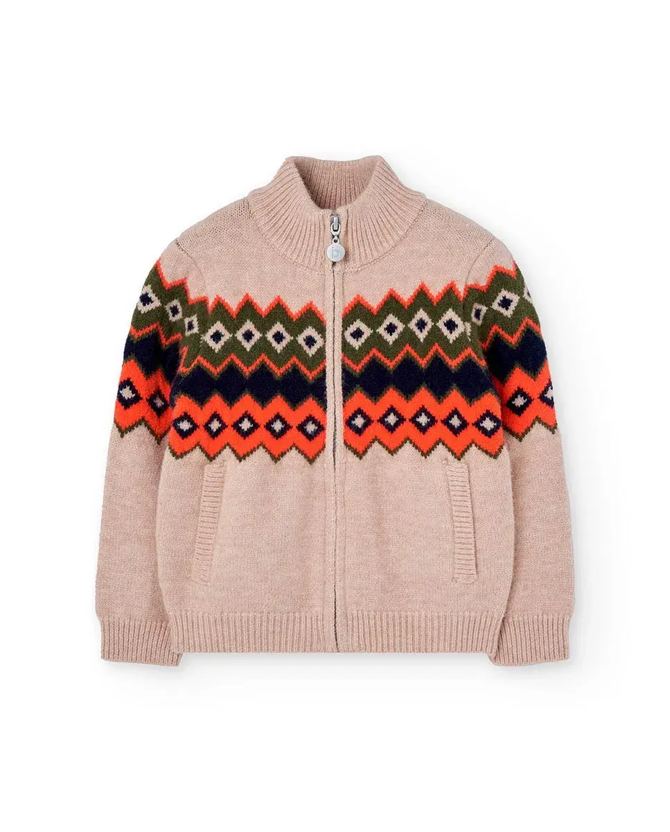 

Вязаная детская куртка с узором из бордюров и полуотложным воротником Boboli, бежевый