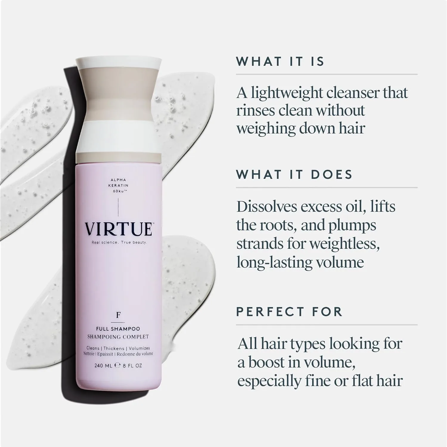 Шампунь Virtue Full Sulfate Free Volumizing Shampoo придает волосам объем, подходит для всех типов волос, безопасен для окрашенных волос. 237 мл (.), white — фото 2