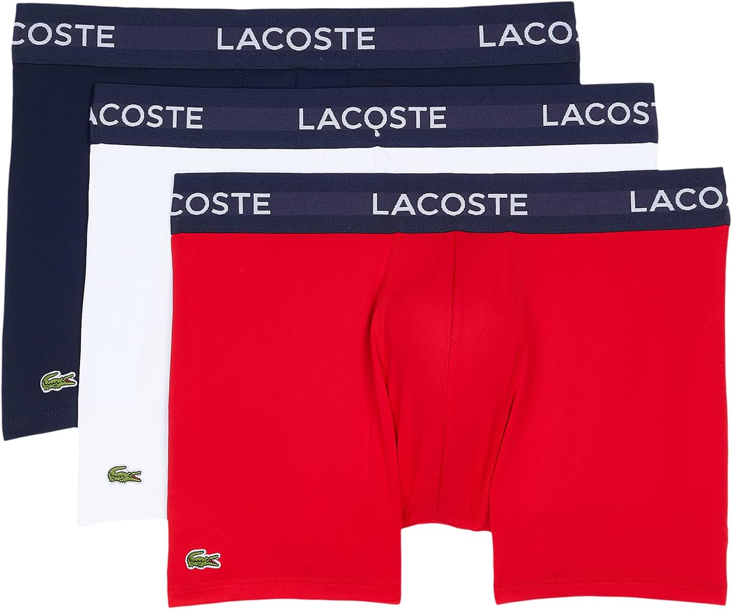 

Комплект из 3 однотонных трусов с полумодным поясом Lacoste, цвет Navy Blue/White/Red