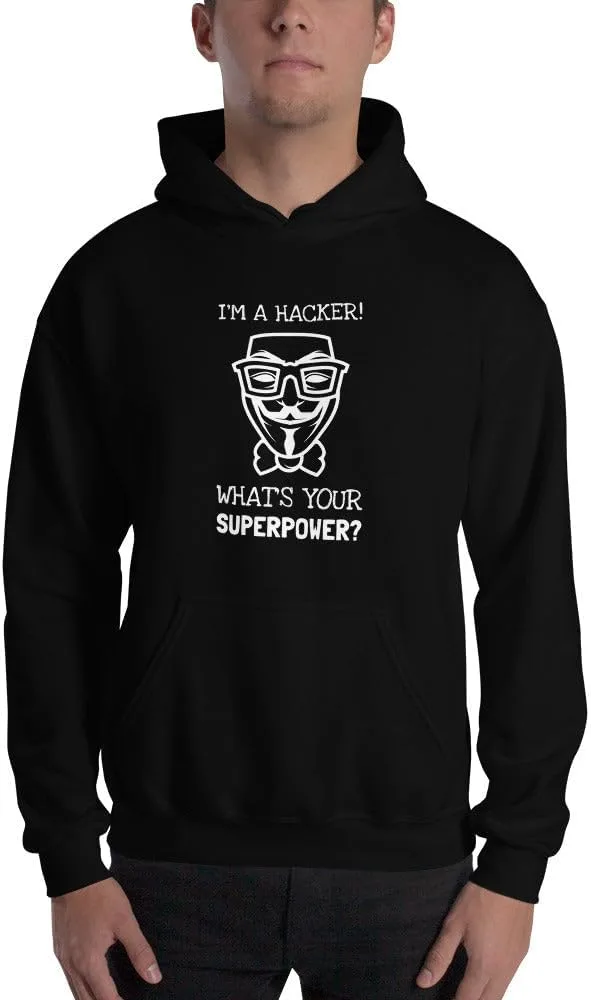 generic Толстовка с капюшоном "I'm a hacker! What's your superpower?" (белый текст)