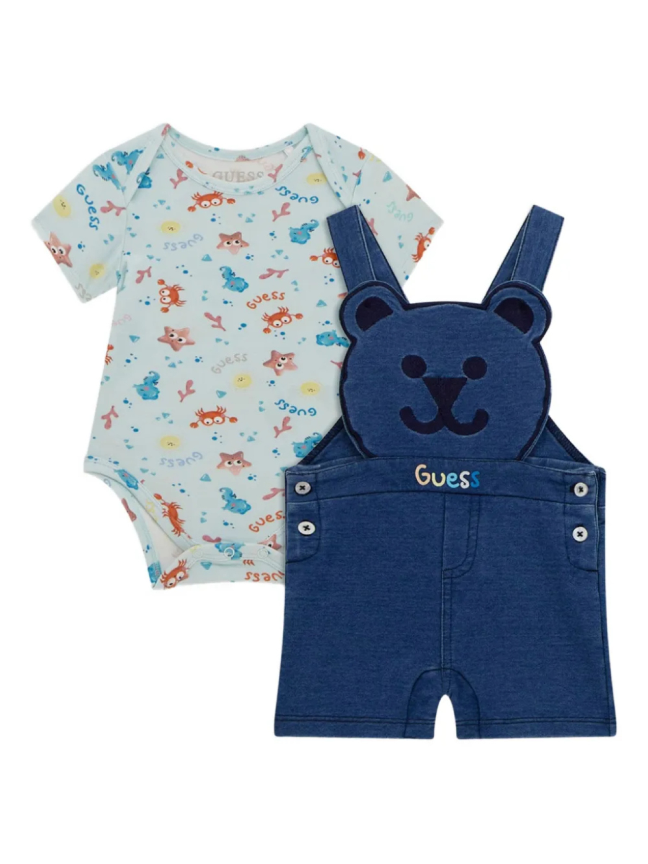 

Комплект джинсового комбинезона с аппликацией в виде медведя guess kids, синий