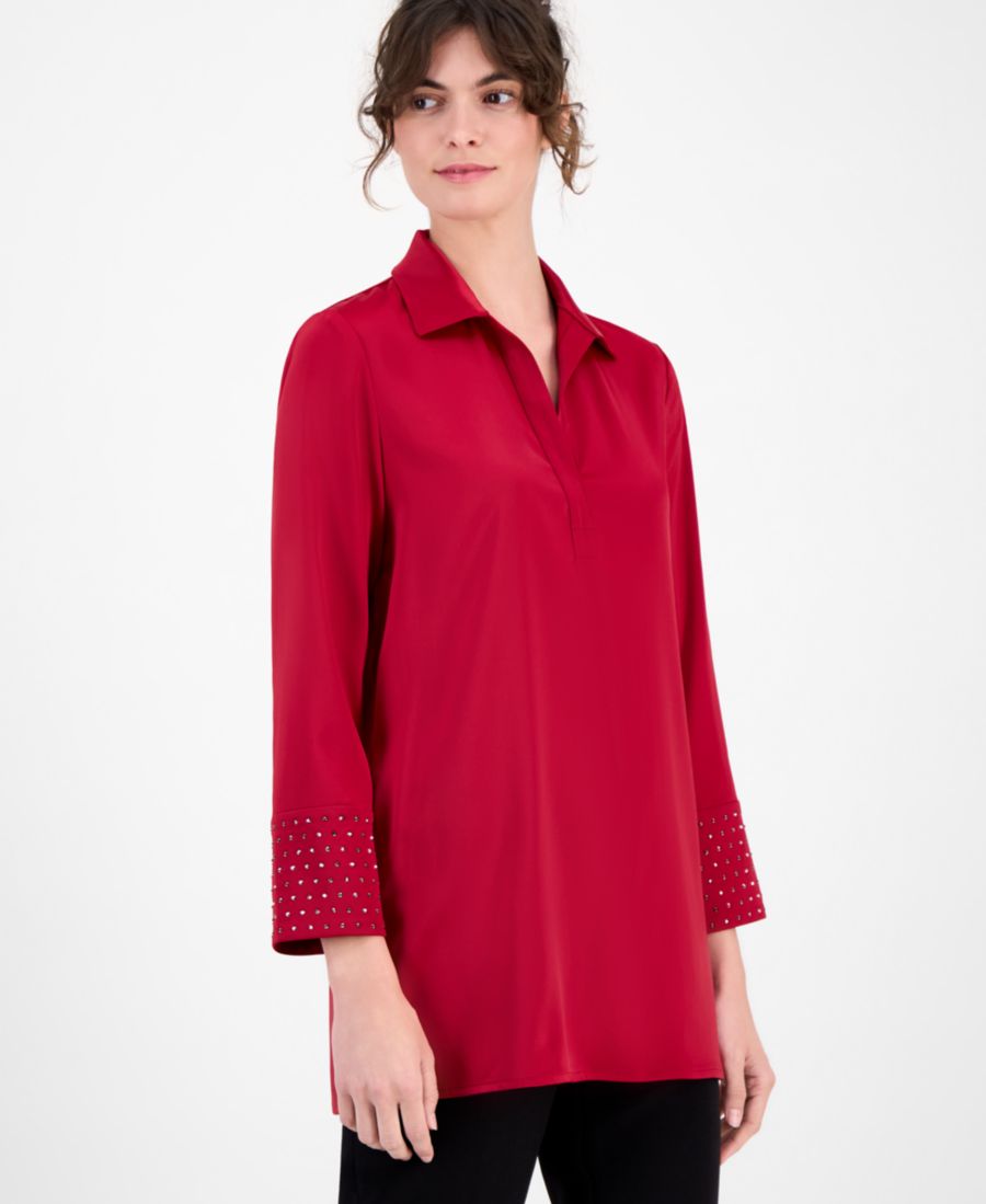 

Женская блузка с атласным воротником и манжетами, украшенными заклепками Anne Klein, Titian Red
