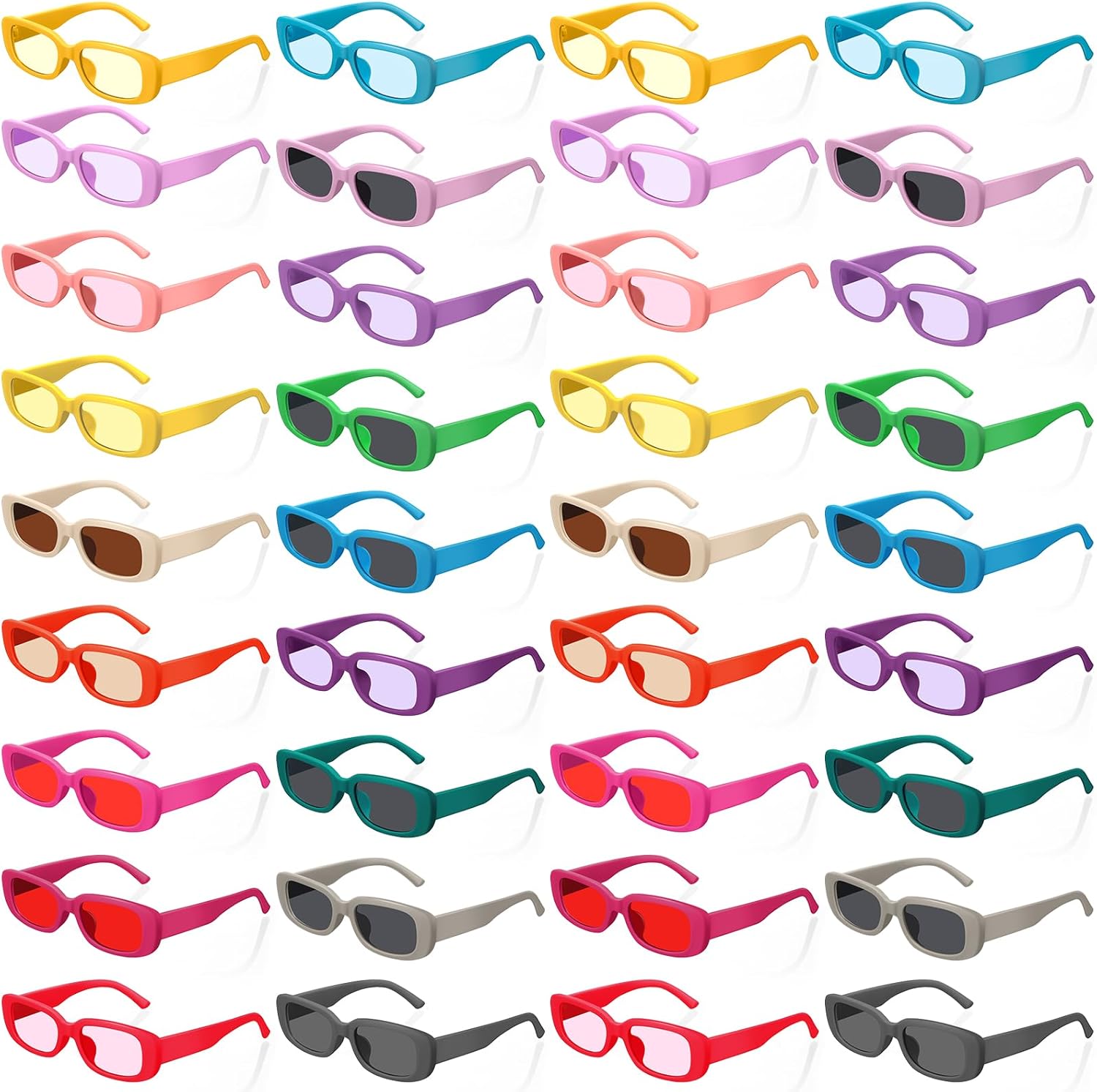 

Ecally 36 пар маленьких ретро-солнцезащитных очков прямоугольной формы, набор в стиле 90-х, модные солнцезащитные очки для женщин и мужчин (однотонные, квадратные), Solid Color