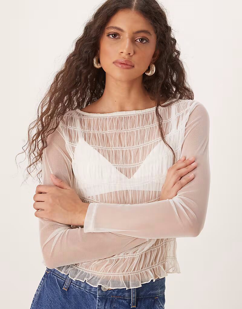 

Топ из тюля и сетки с длинными рукавами и сборками ASOS DESIGN кремового цвета