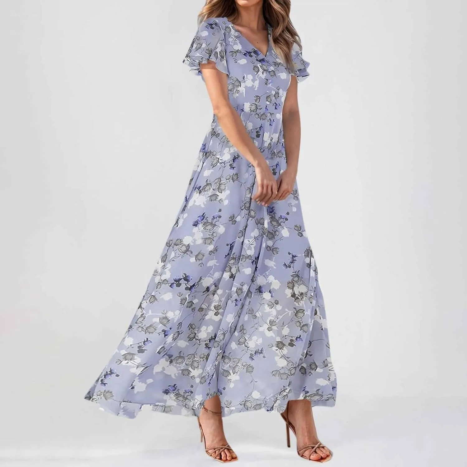 Женское шифоновое макси-платье с V-образным вырезом и цветочным принтом, летнее платье, струящееся, для пляжного отдыха, в стиле бохо, с короткими рукавами, длинное платье для свадьбы Generic, Purple6 — фото 3