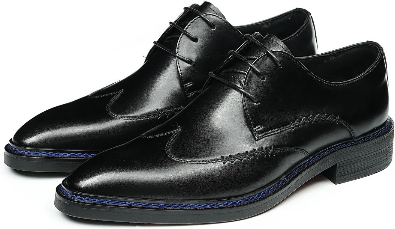 

Мужские оксфорды Santimon с щальными носами - формальная обувь из натуральной кожи, шнуровка, дерби для делового и повседневного стиля и свадеб - полированная поверхность, амортизирующая стелька, противоскользящая резиновая подошва, черный