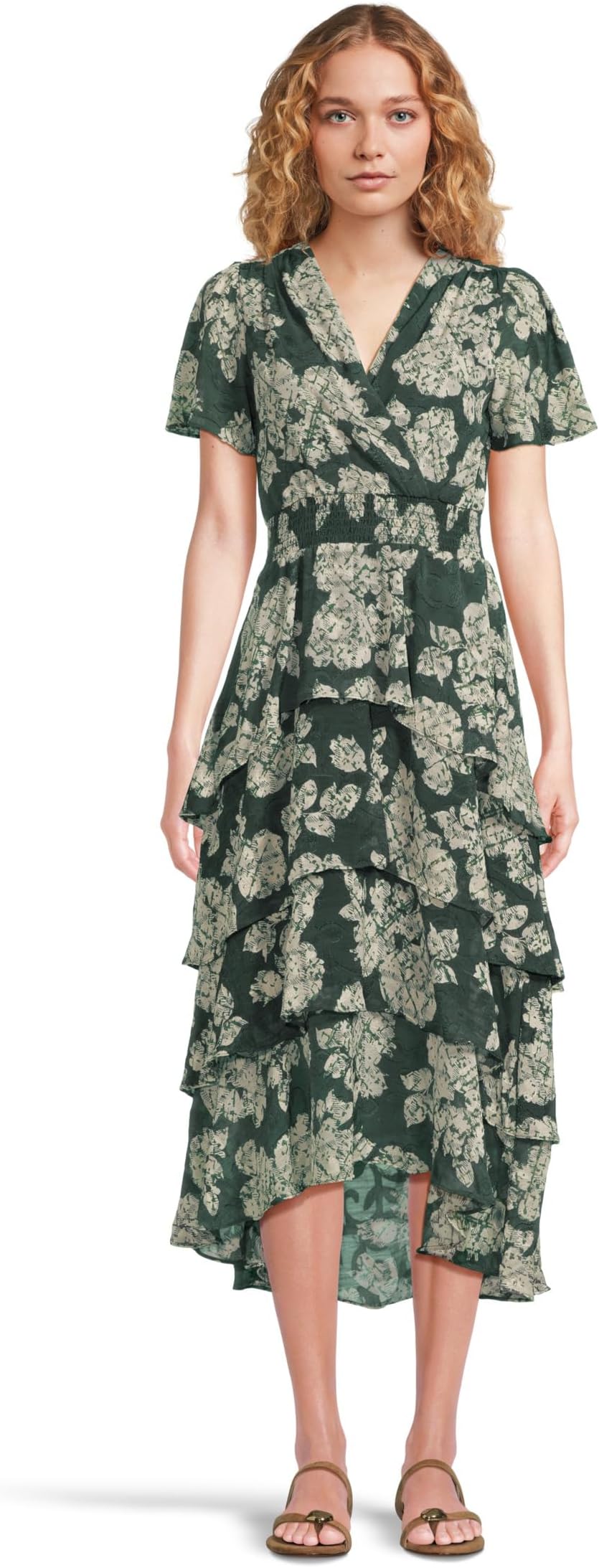 

Платье Vince Camuto Elbow Sleeve Smocked Waist Tiered Maxi Dress, цвет Forest Night
