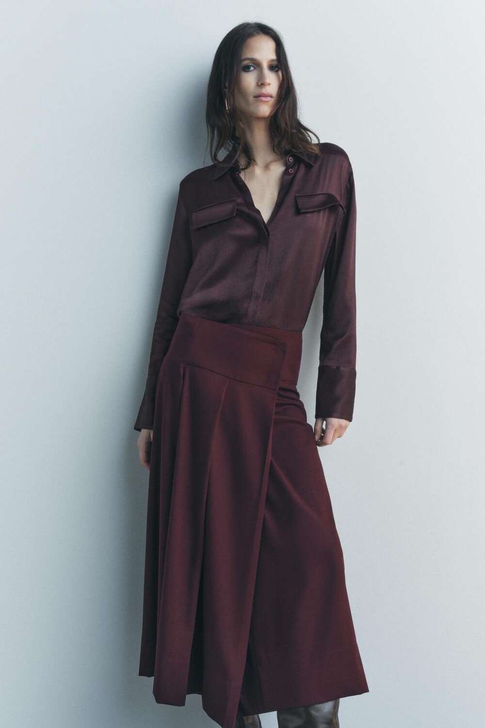 

Юбка миди с коробчатыми складками ZARA, бордовый