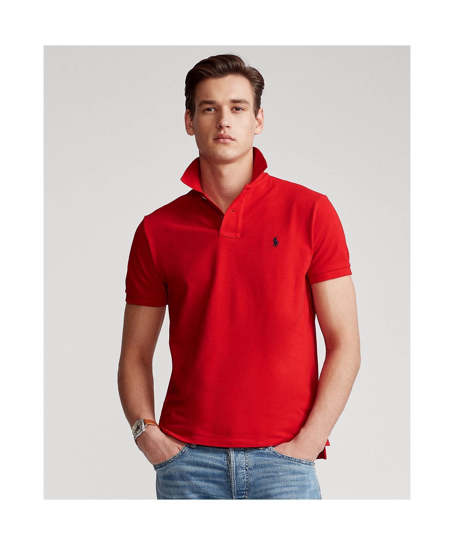 Поло-рубашка из сетчатой ткани приталенного кроя, сшитая. Polo Ralph Lauren, 600 Red