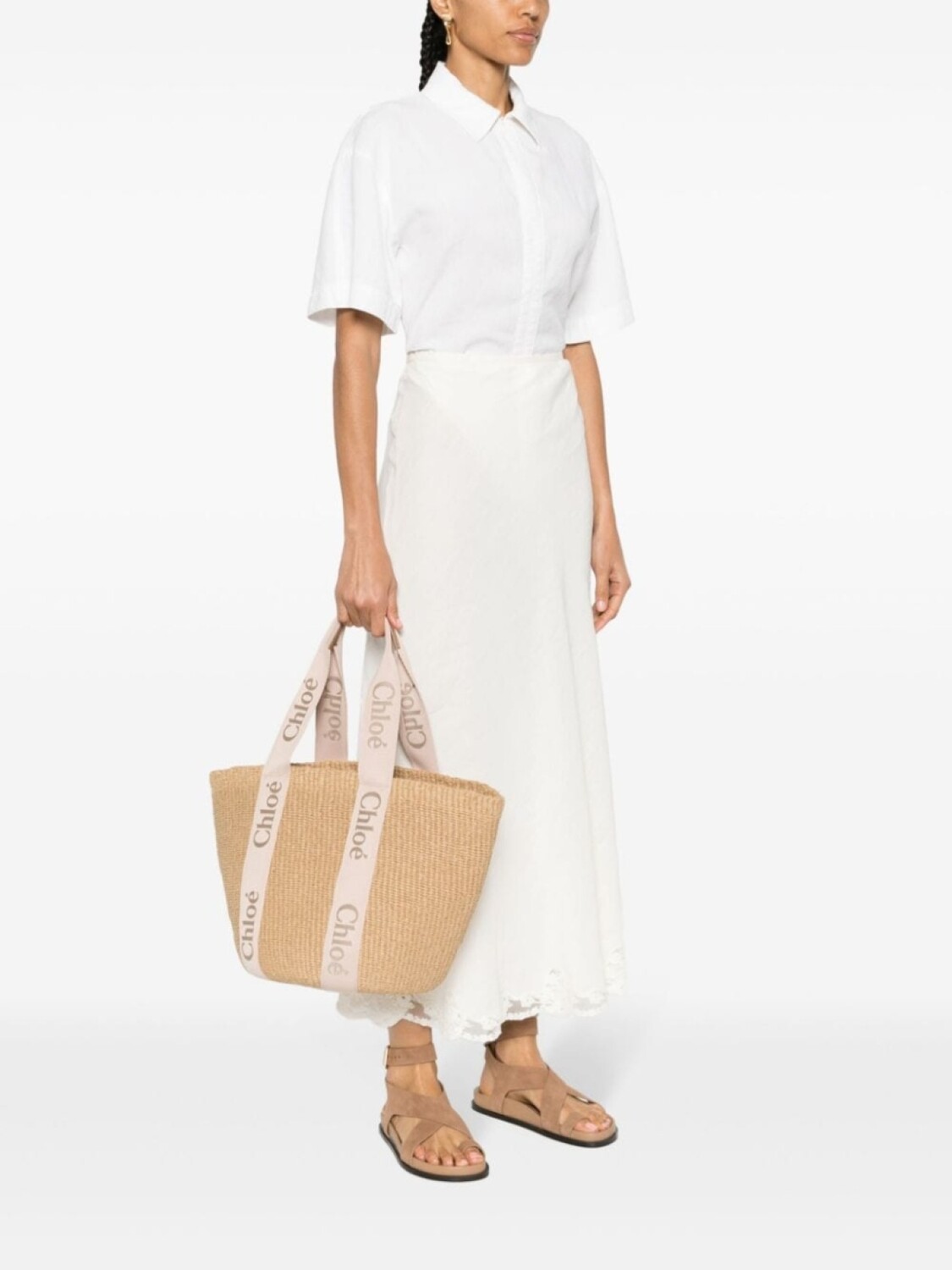 Chloé большая сумка-тоут Woody Basket, нейтральный цвет — фото 2