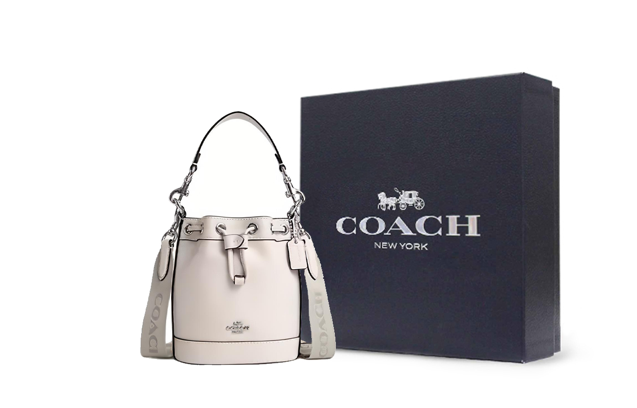 

COACH Кожаная сумка ведро через плечо кроссбоди мини женская серебристая и меловая
