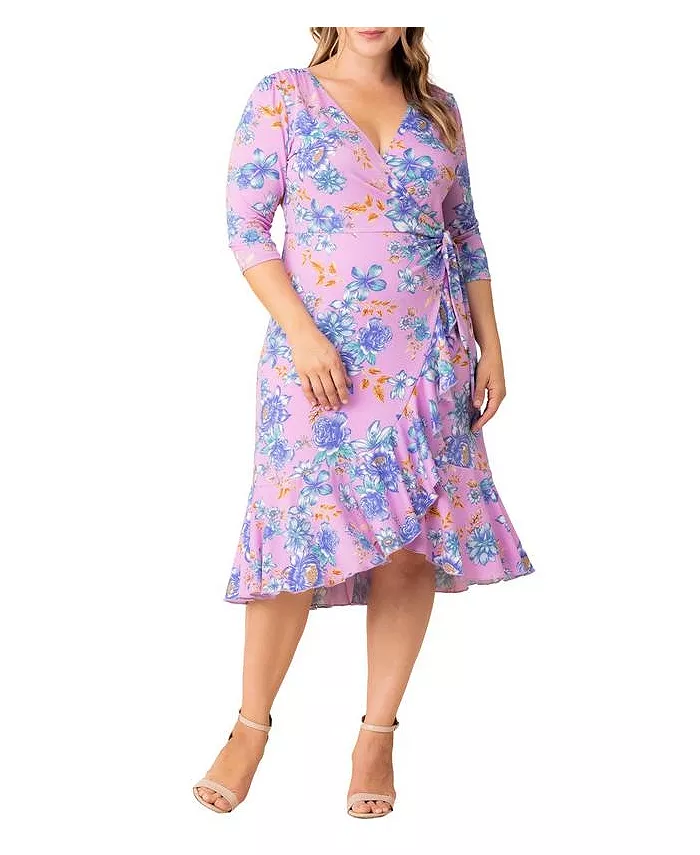 

Платье-миди с запахом и воланами Plus Size Flirty Flounce с рукавами 3/4 Kiyonna, фиолетовый