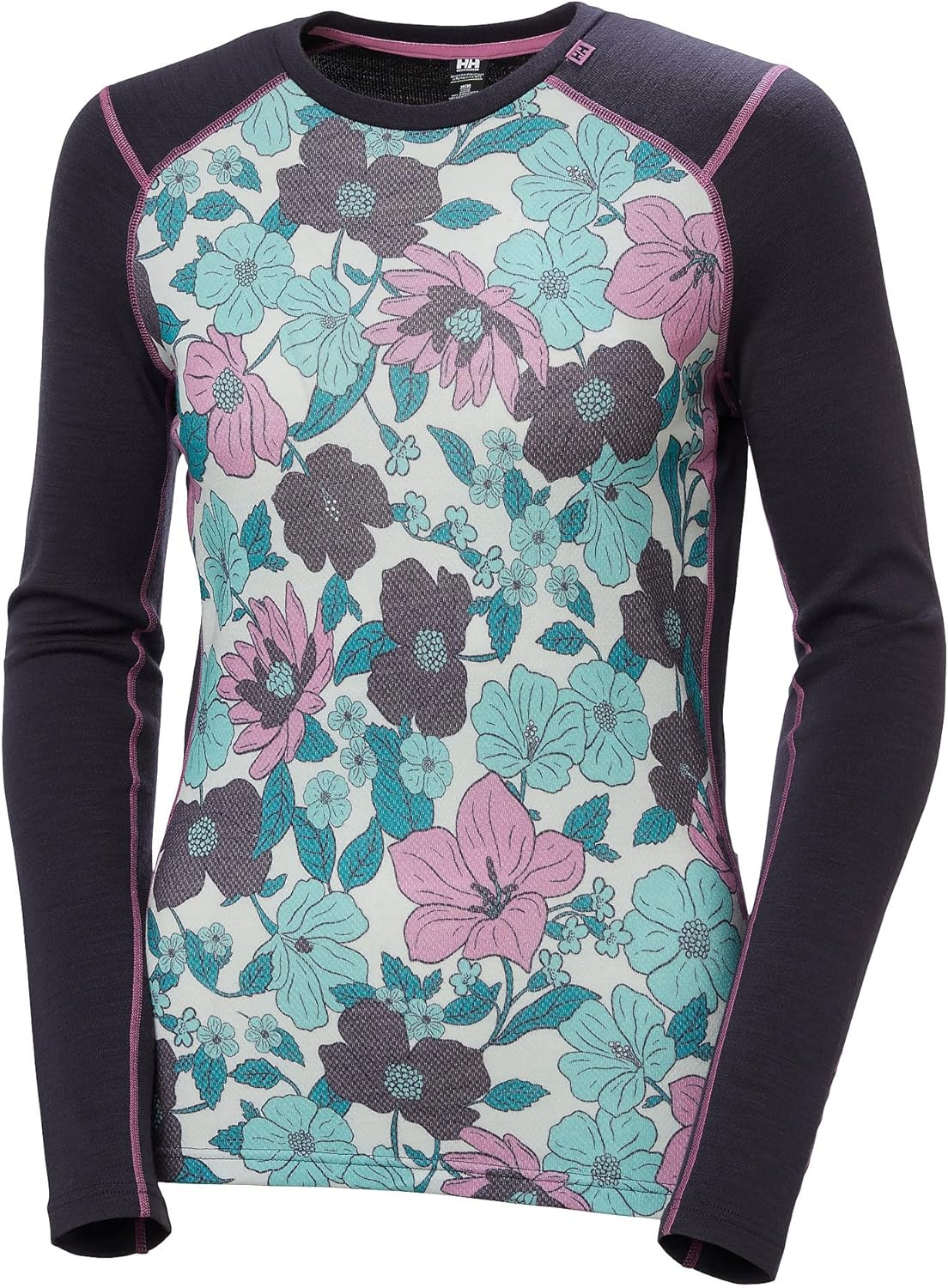 

Helly-Hansen W LIFA Merino Midweight Graphic Crew Base Layer Crew Top Thermal Shirt, Long Sleeve, Cold Weather, Breathable Helly Hansen, 660 Black Grape Floral Aop