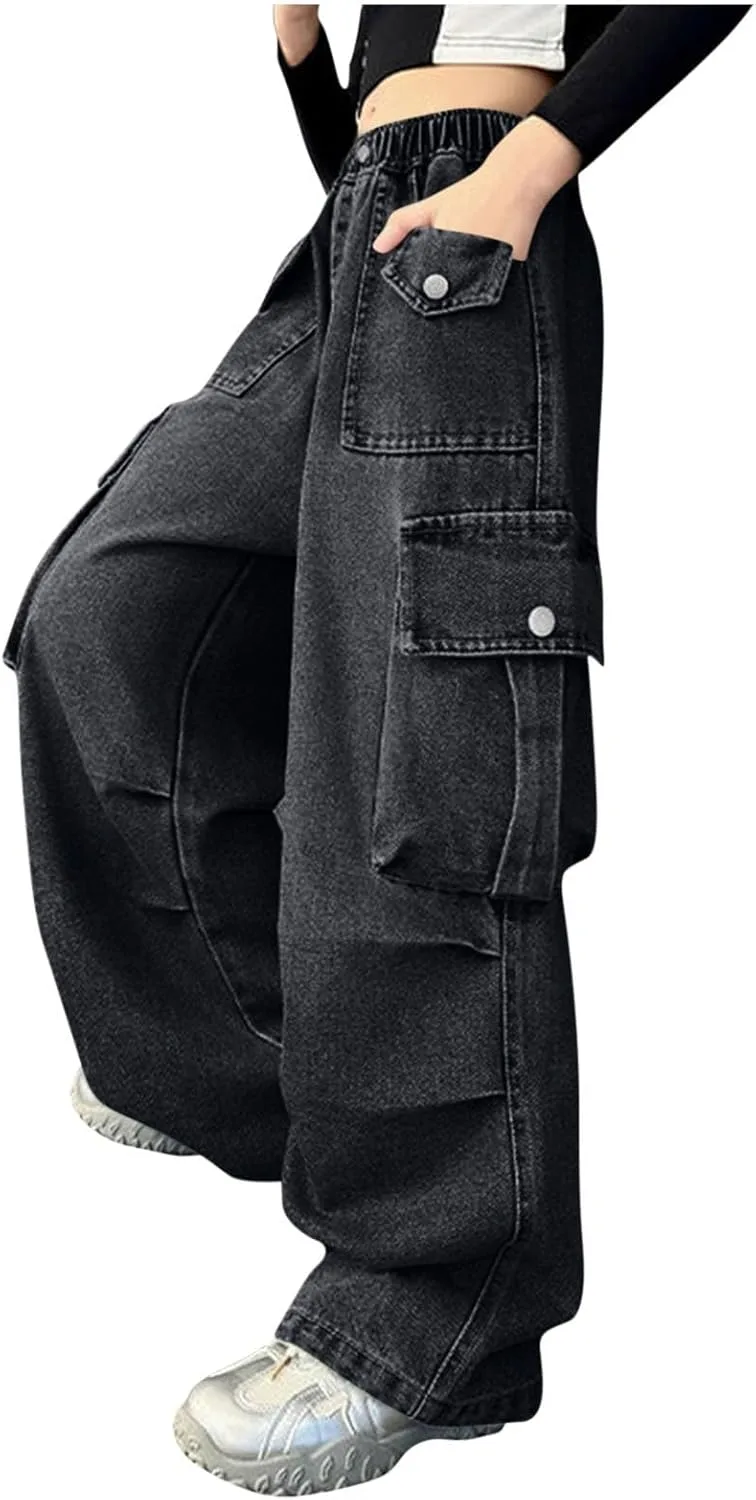 

Джинсовые карго-штаны для девочек с широкими штанинами и множеством карманов