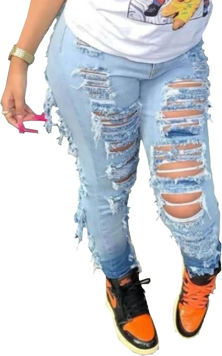 

FYEARFOX женские джинсы скинни с высокой талией, рваные, зауженные