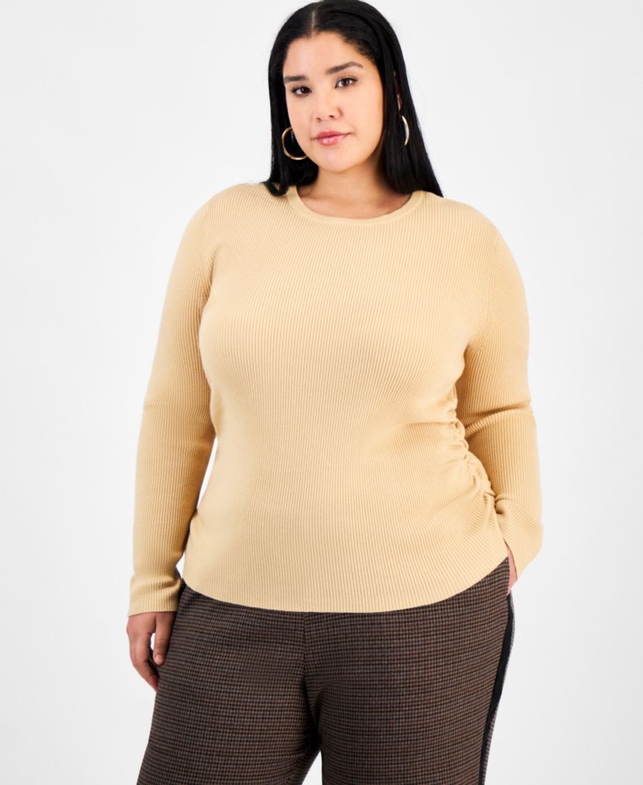 

Модный трикотажный топ с длинными рукавами и ребристой текстурой, больших размеров Bar III, Warm Sesame