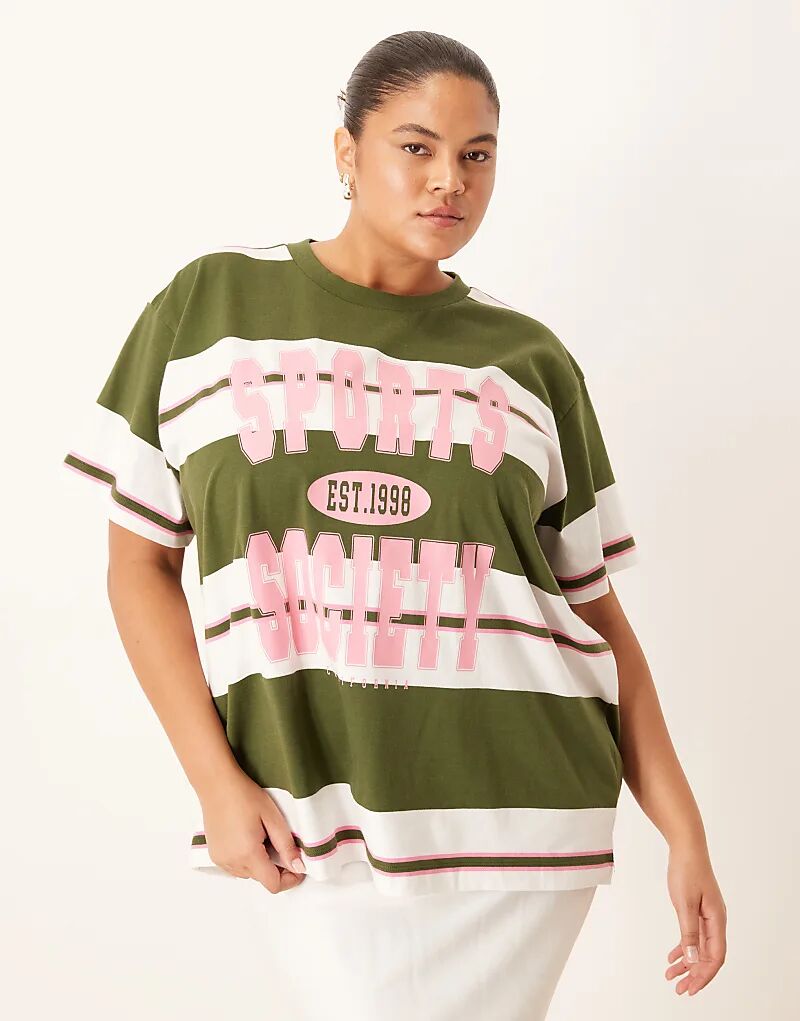 

Футболка свободного кроя ASOS DESIGN Curve в зеленую полоску с принтом Sports Society Asos Curve