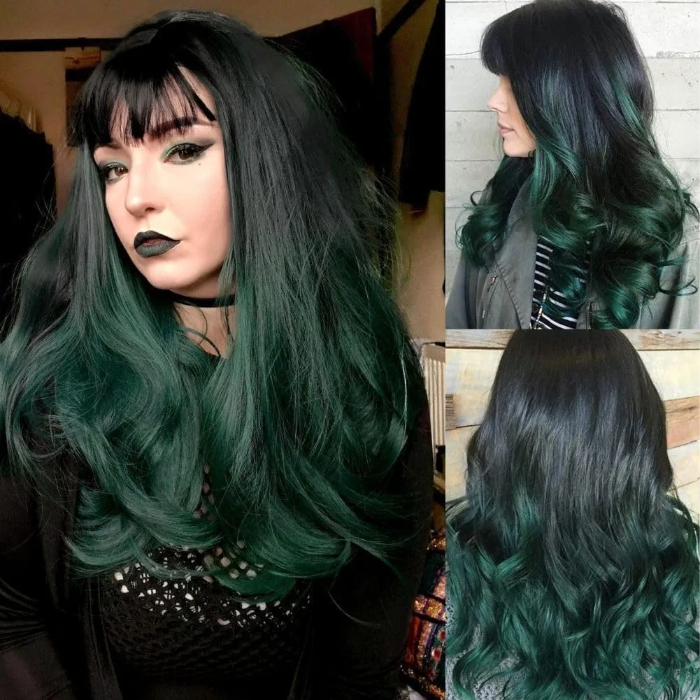 Женский кудрявый парик с челкой, черно-зеленый Salaibs, Black Green