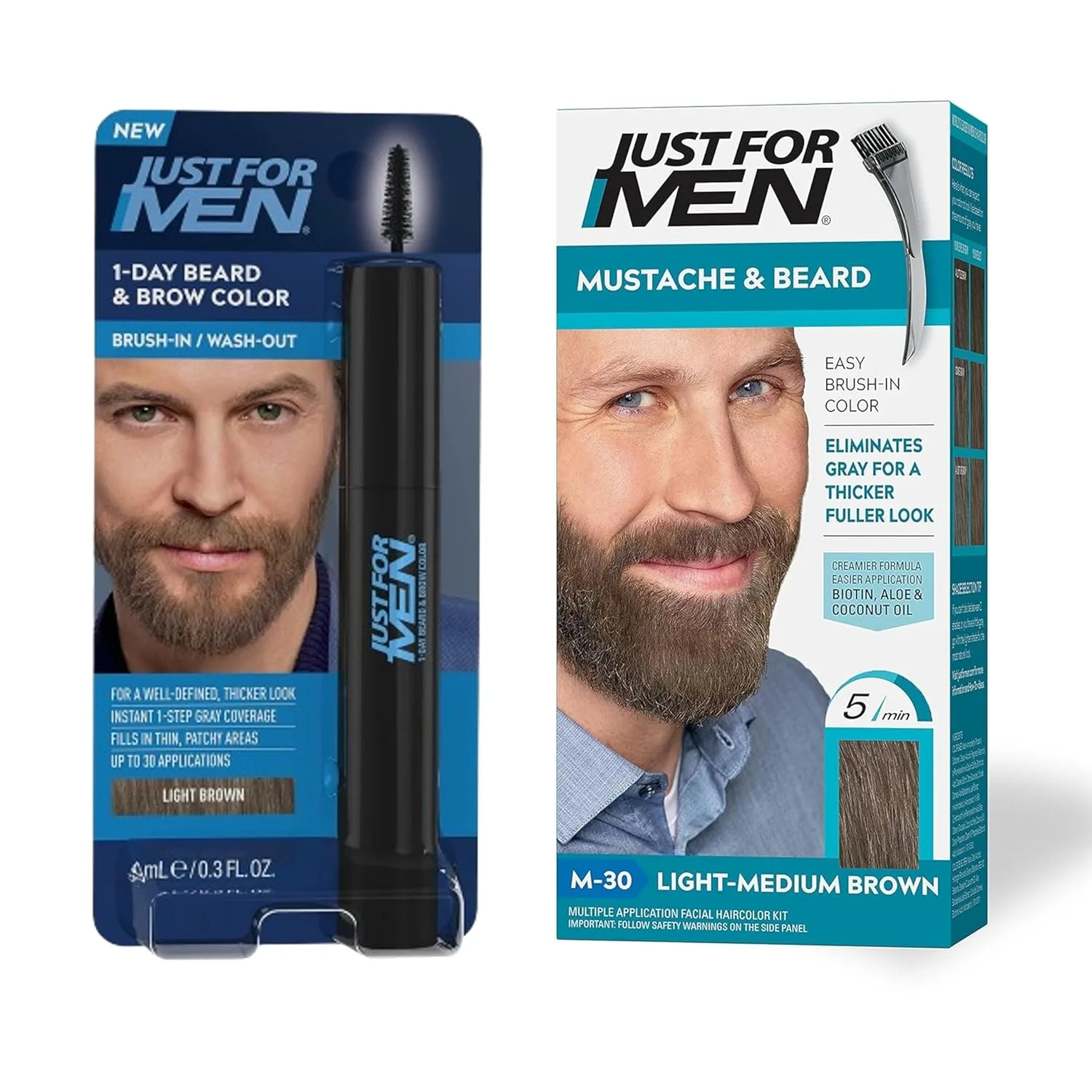Just For Men Mustache & Beard + 1-Day Beard & Brow Color Bundle - Light-Medium Brown M-30 для стойкого цвета, 1-Day Light Brown для густоты и четкости, Light Brown