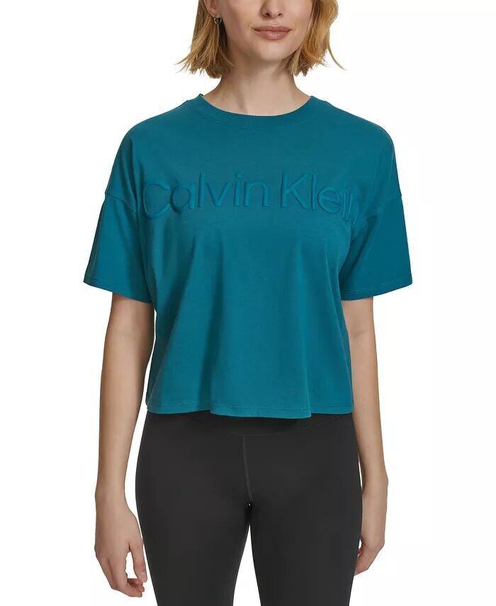 

Женская хлопковая укороченная футболка с рельефным логотипом Calvin Klein, синий