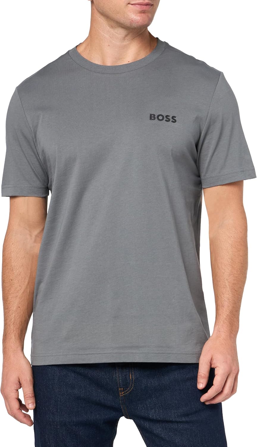 

BOSS Мужская хлопковая футболка с контрастным логотипом, Mushroom Grey, Серый, BOSS Мужская хлопковая футболка с контрастным логотипом, Mushroom Grey