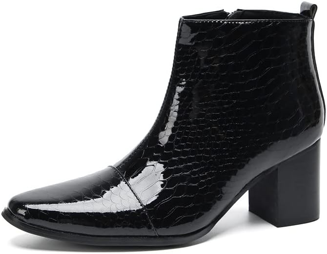 

Мужские черные блестящие ботинки Santimon из лакированной кожи с принтом под змею, стиль Челси - повседневные и нарядные ботильоны с широким каблуком и молнией сбоку для вечеринок, свадеб и вечернего выхода