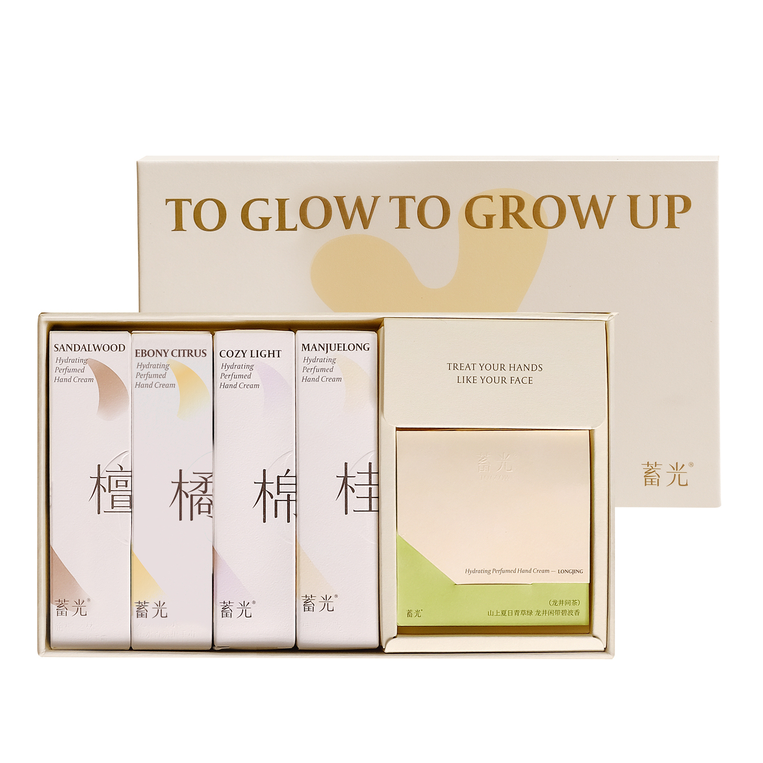 Подарочный набор парфюмированных кремов для рук Accumulating light Luminous (корица, сандал, хлопок), 30 г*4 + пробники — фото 2