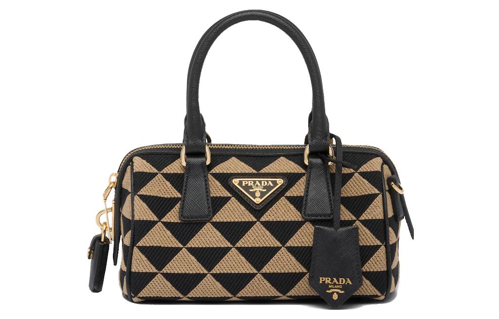 

PRADA Вышитая тканевая поясная сумка через плечо женская черно-бежевая желтая