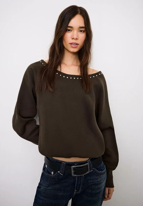 

Асимметричная толстовка с заклепками Bershka, Dark Brown, Коричневый, Асимметричная толстовка с заклепками Bershka, Dark Brown