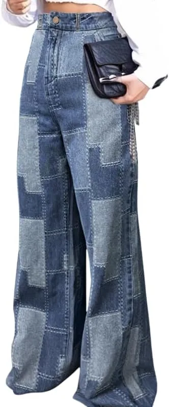 

Женские джинсы Wide Leg High Waisted с пачворком в клетку, свободные и мешковатые oshoplive