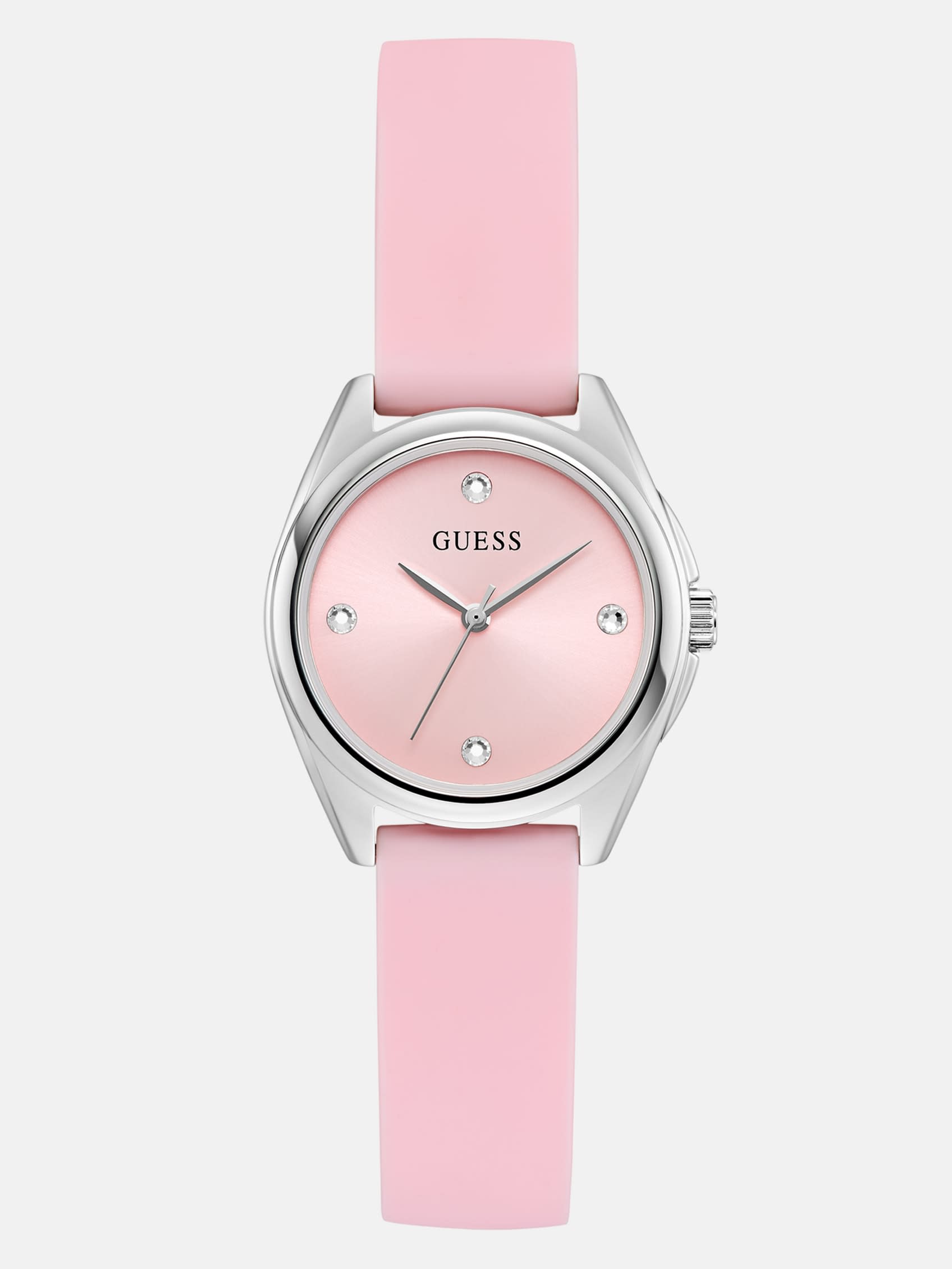 

Guess Factory Аналоговые часы с серебристым стеклом и розовым силиконовым ремешком