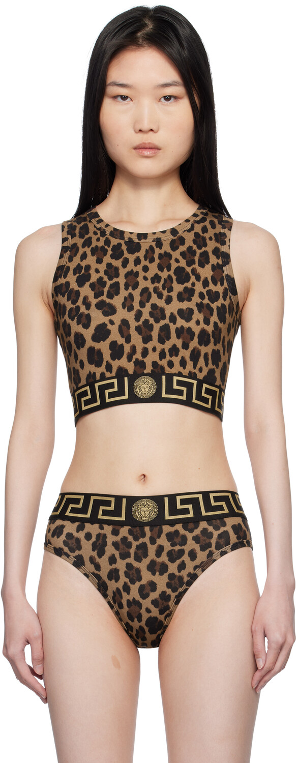 

Коричневый топ-топ с леопардовым принтом Greca Border Versace Underwear