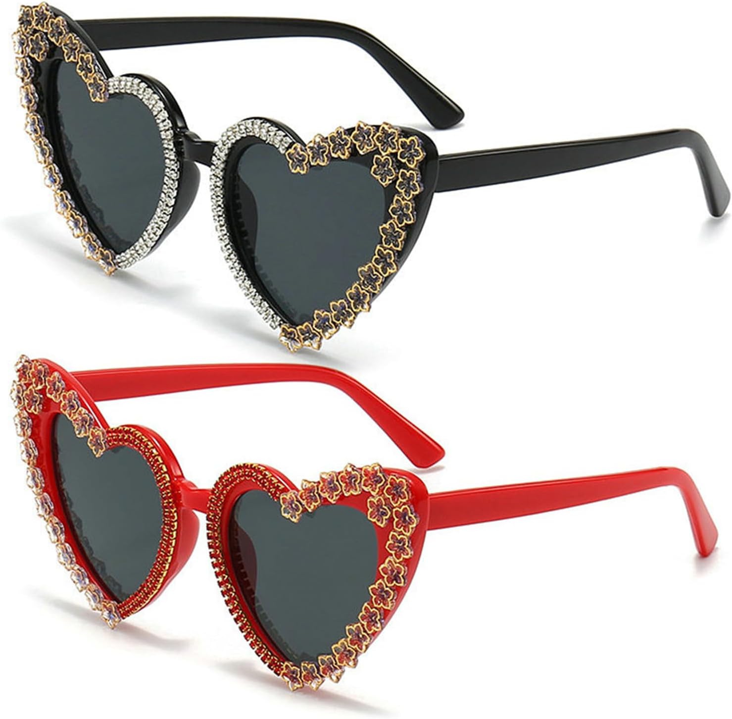 

Willochra Fashion Heart Женские солнцезащитные очки со стразами, блестящие солнцезащитные очки в форме сердца, женские солнцезащитные очки с бриллиантами для вечеринки, 2pcs-red&black