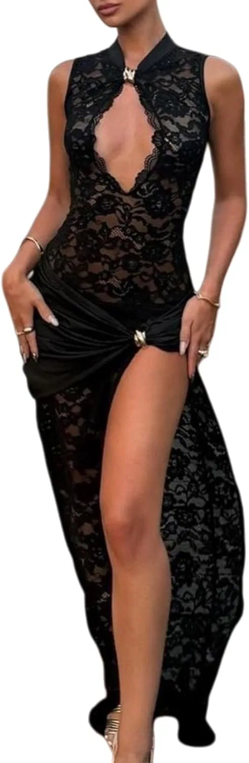 Платье для женщин Spring Dresses 2026 кружевное безрукавное с корсетом для коктейльной вечеринки и выхода в свет длинное с высоким разрезом для гостьи на свадьбе Generic, черный