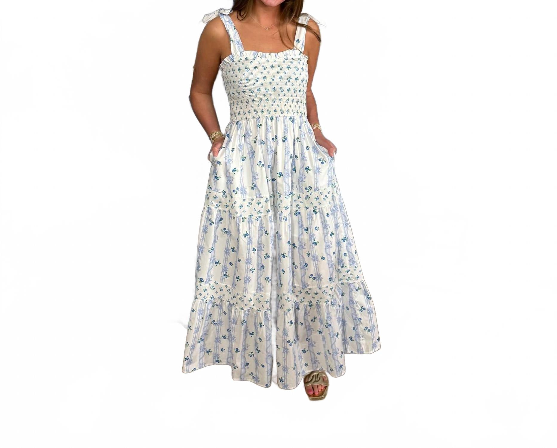 

Женское синее макси-платье с цветочным принтом и завязками на плечах Peach Love