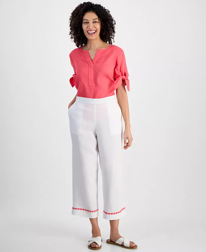 

Укороченные брюки Petite из 100% льна с вышивкой Charter Club, белый