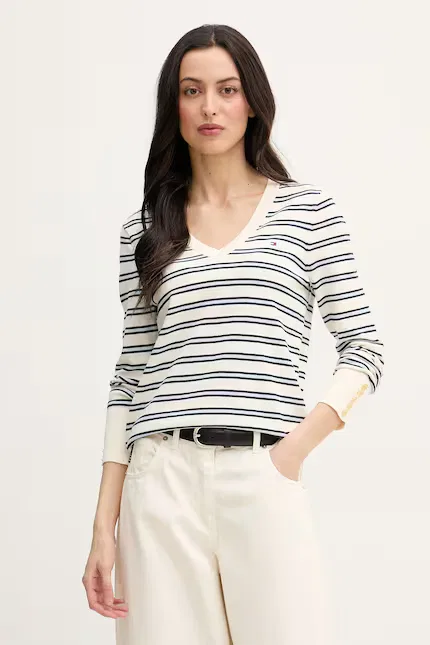 Свитер с полосками модель из мягкого хлопка Tommy Hilfiger, бежевый